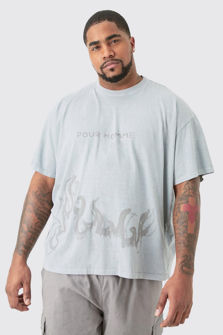 T-shirt Plus Size oversize grigia con stampa Pour Homme, Grey