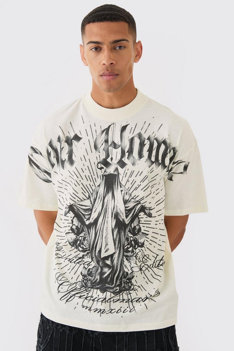 Oversize T-Shirt mit Pour Homme Print, Ecru image number 1