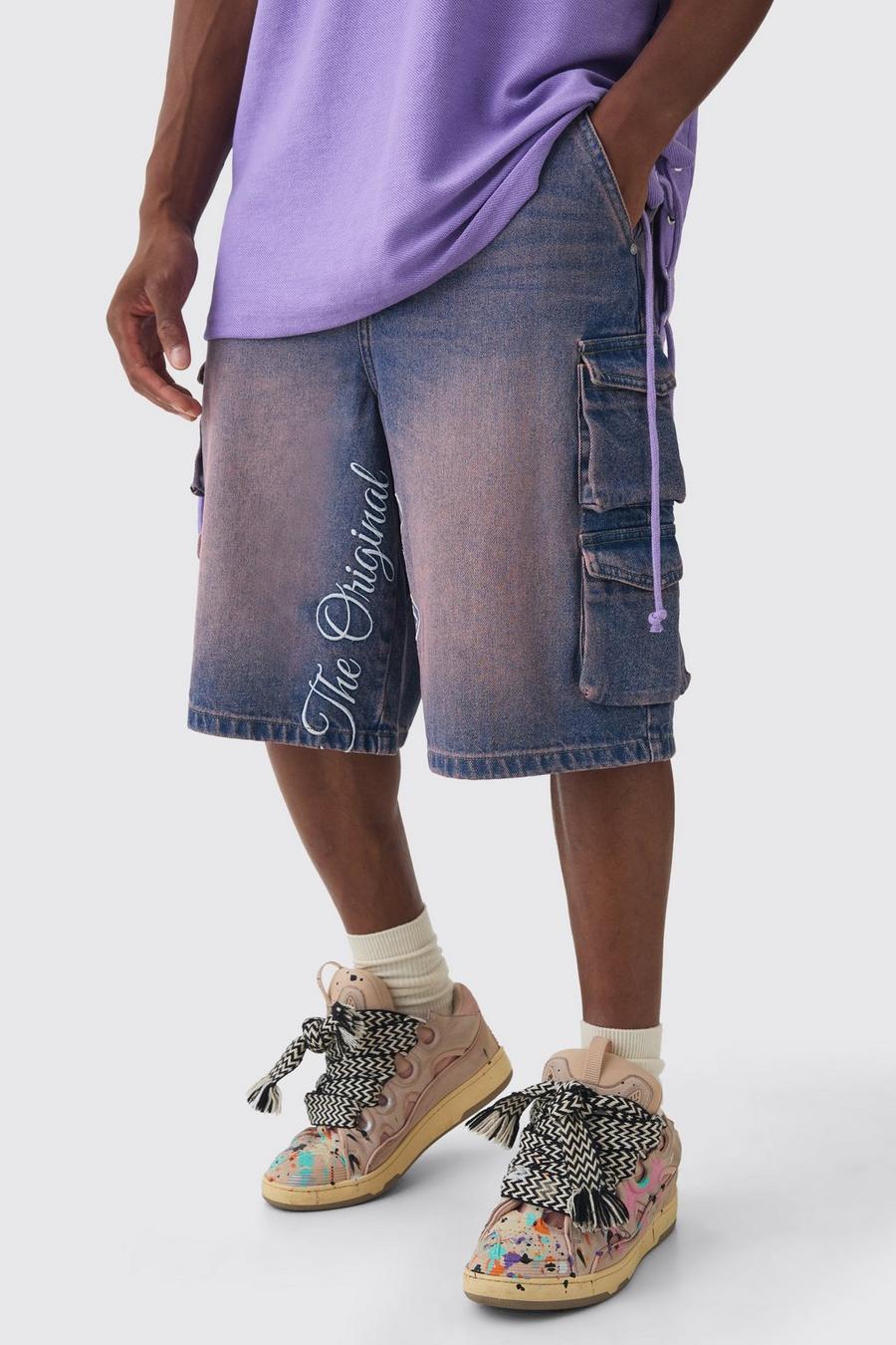 Embroidered Denim Cargo Jorts In Pink