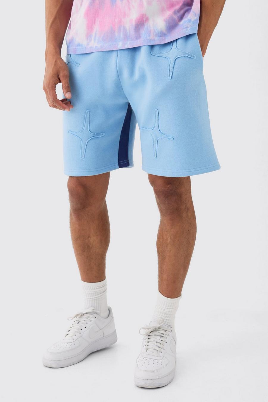 Pantaloncini rilassati blu con applique a effetto grezzo, Light blue