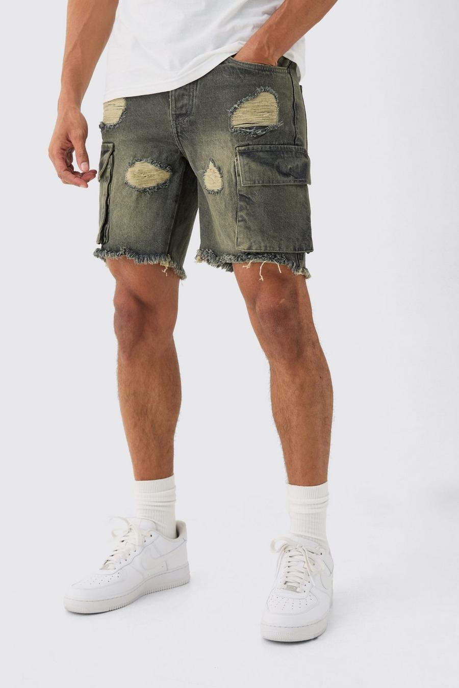 Grey Onbewerkte Gescheurde Denim Slim Fit Denim Shorts Met Cargo Zakken In Antiek Grijs