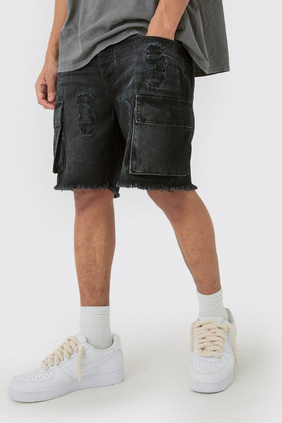 Washed black Onbewerkte Gescheurde Denim Slim Fit Shorts Met Cargo Zakken In Zwart image number 1