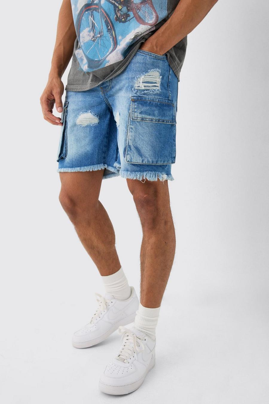 Light blue Onbewerkte Lichtblauwe Gescheurde Denim Slim Fit Shorts Met Cargo Zakken image number 1