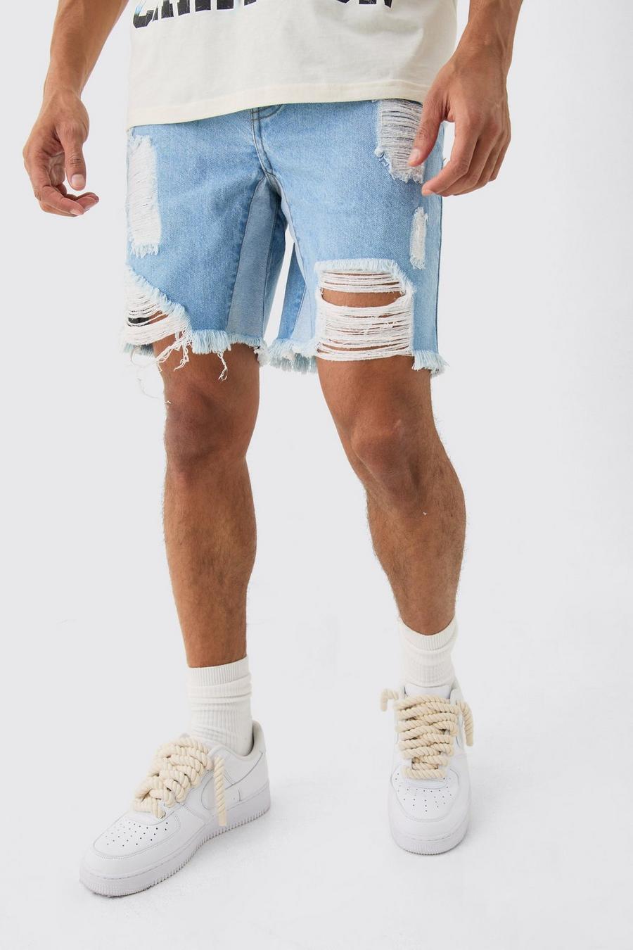 Relaxed Rigid Ripped Gusset Denim Short In Light Blue image number 1
