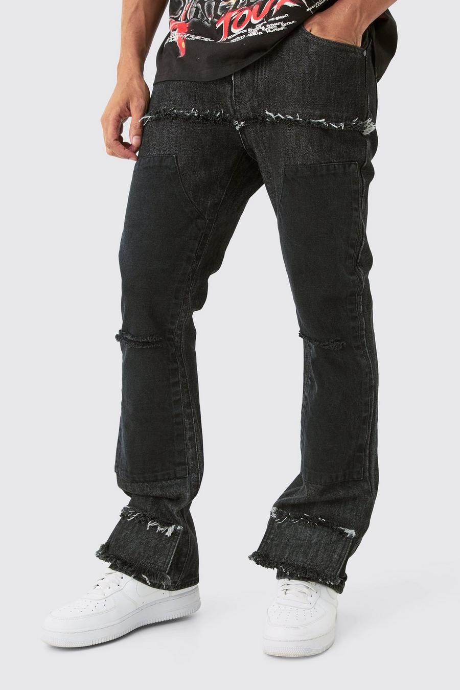 Black Onbewerkte Flared Gescheurde Carpenter Overdye Denim Jeans In Zwart image number 1