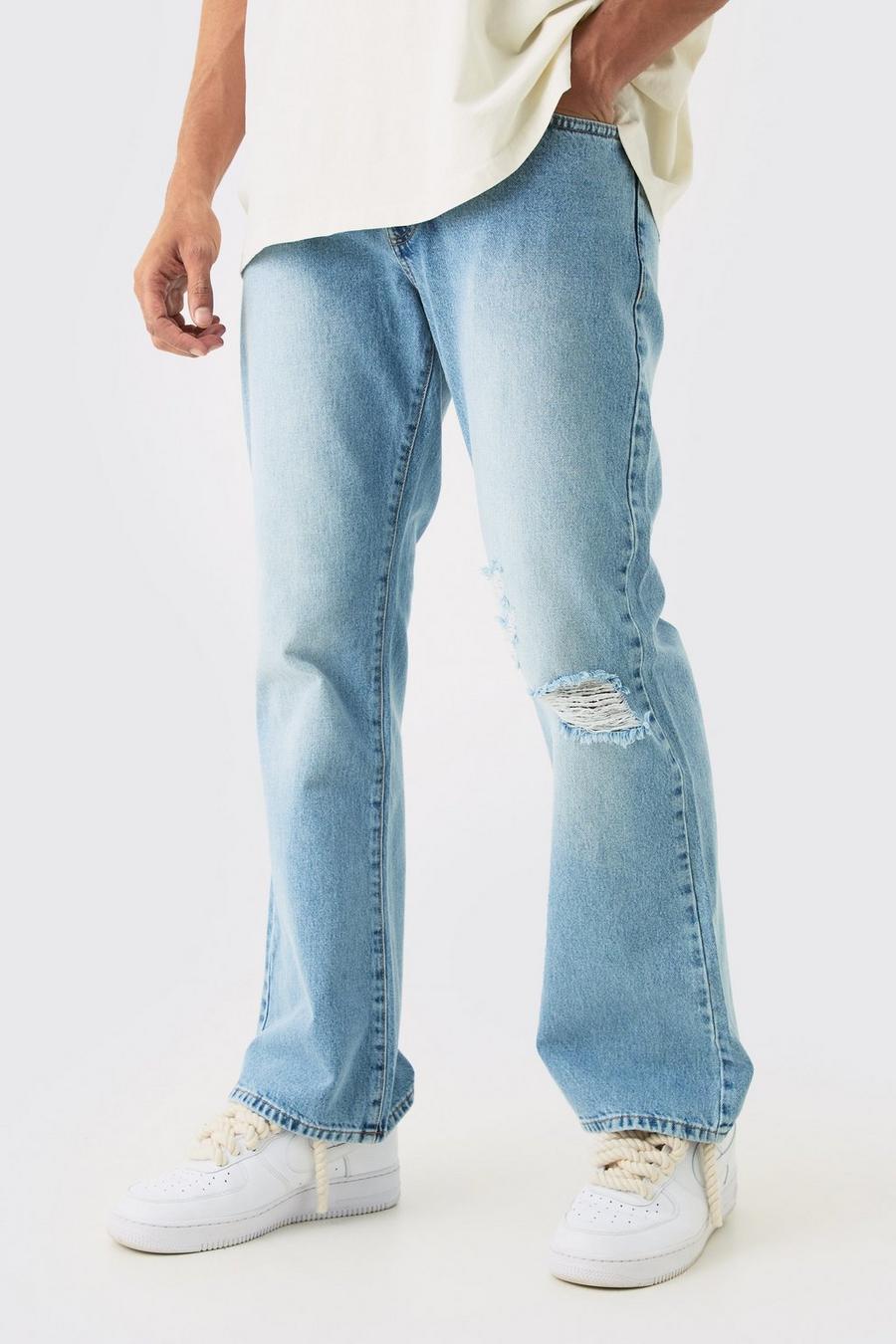 Jeans rilassati in denim rigido slavato con strappi sul ginocchio, Blue
