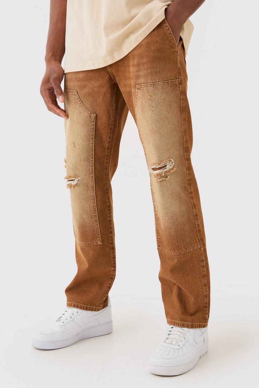 Brown Onbewerkte Onbewerkte Gescheurde Bruine Carpenter Denim Jeans image number 1