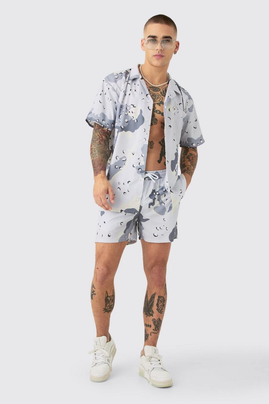 Grey Oversized Ripstop Camo Shirt & Short Swim Short Set