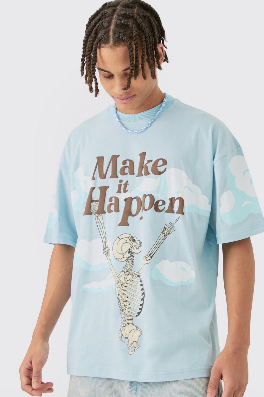 Oversize T-Shirt mit Skelett-Print, Light blue image number 1