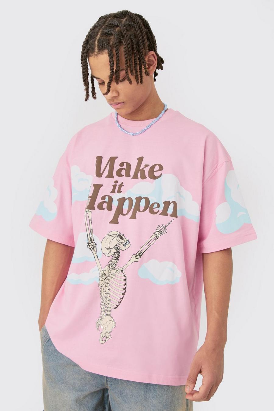 Pink Oversized Skelet T-Shirt Met Print