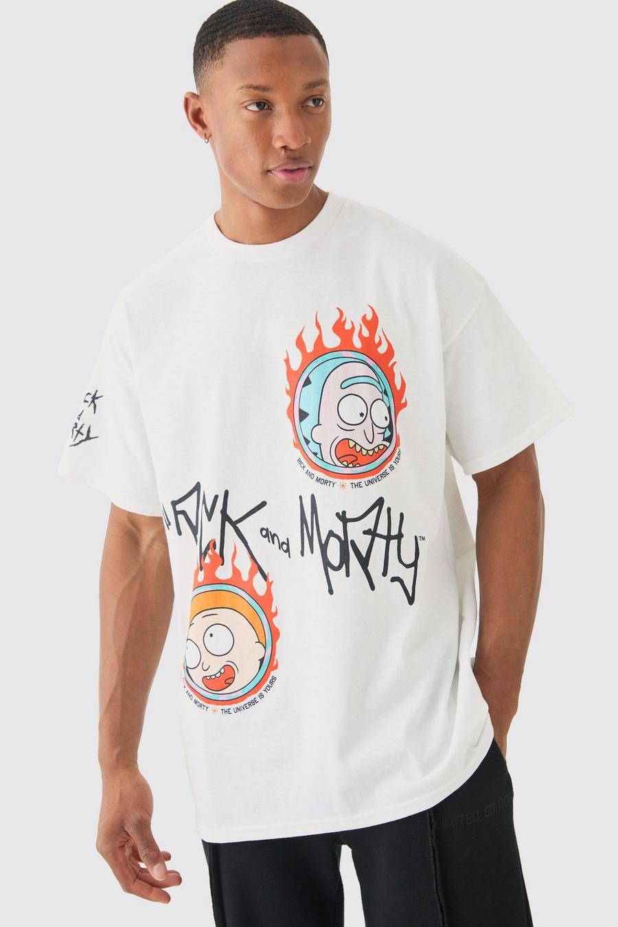 White Oversized Rick And Morty Cartoon License T-shirt image number 1
