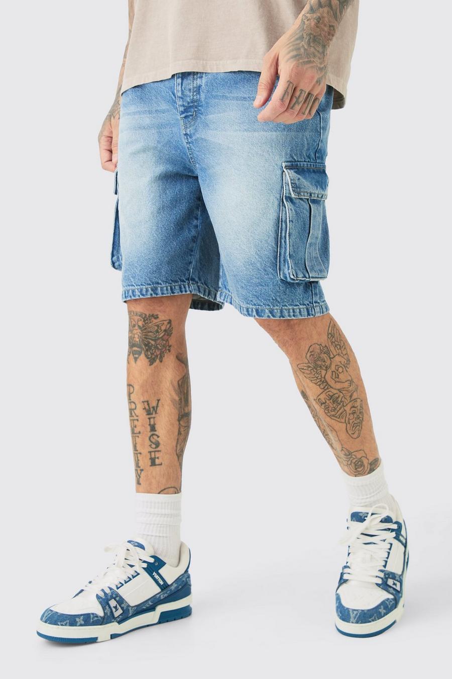 Tall Rigid Denim Relaxed Fit Cargo Shorts In Mid Wash
