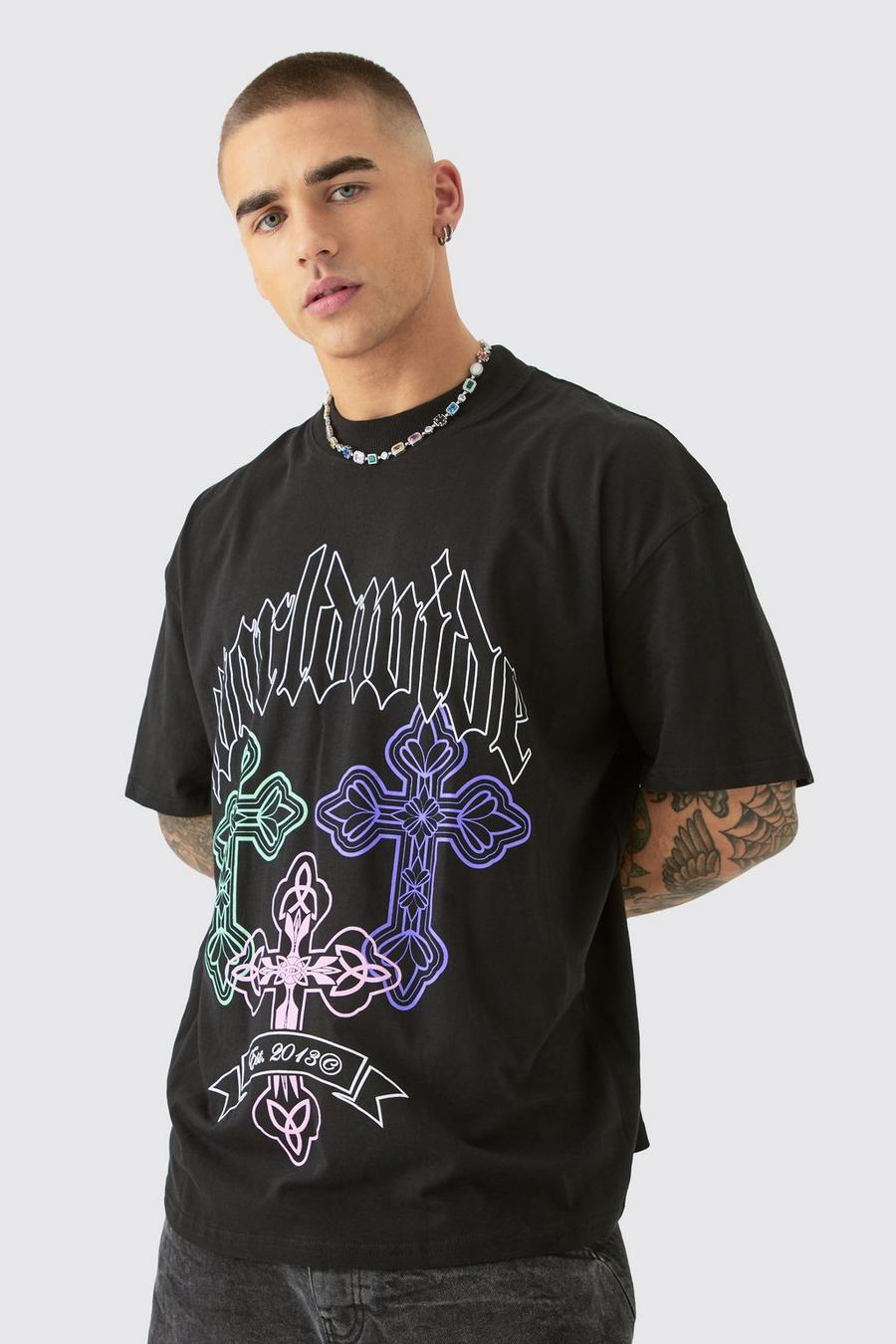 Black Oversized Gothic T-Shirt Met Kruis Print image number 1