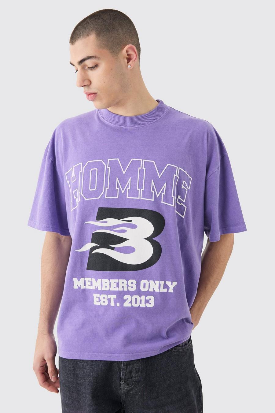 Purple Oversized Washed Homme Moto Print T-shirt image number 1