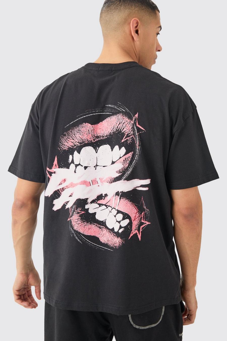 Black Oversized T-Shirt Met Lippen En Print image number 1