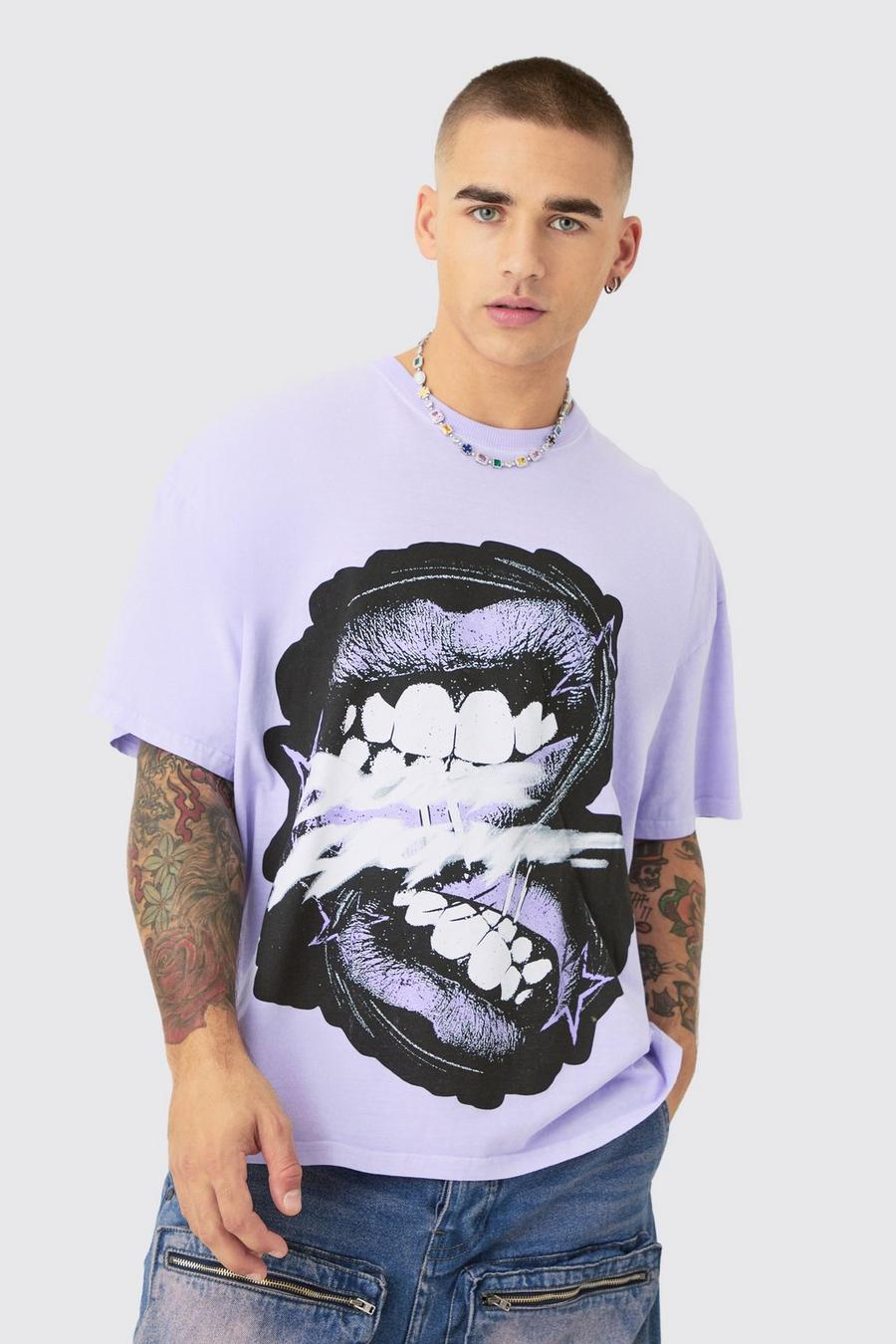 Camiseta oversize con estampado de labios Homme desteñido, Lilac