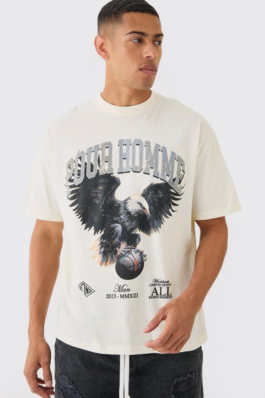 Camiseta oversize con estampado universitario de águila, Ecru image number 1
