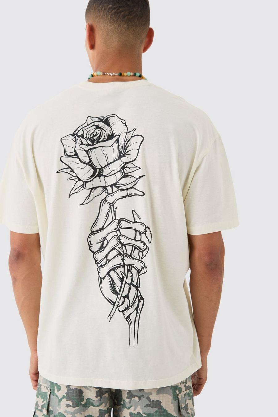 Ecru Oversized Washed Rose Line Drawn Back Print T-Shirt
