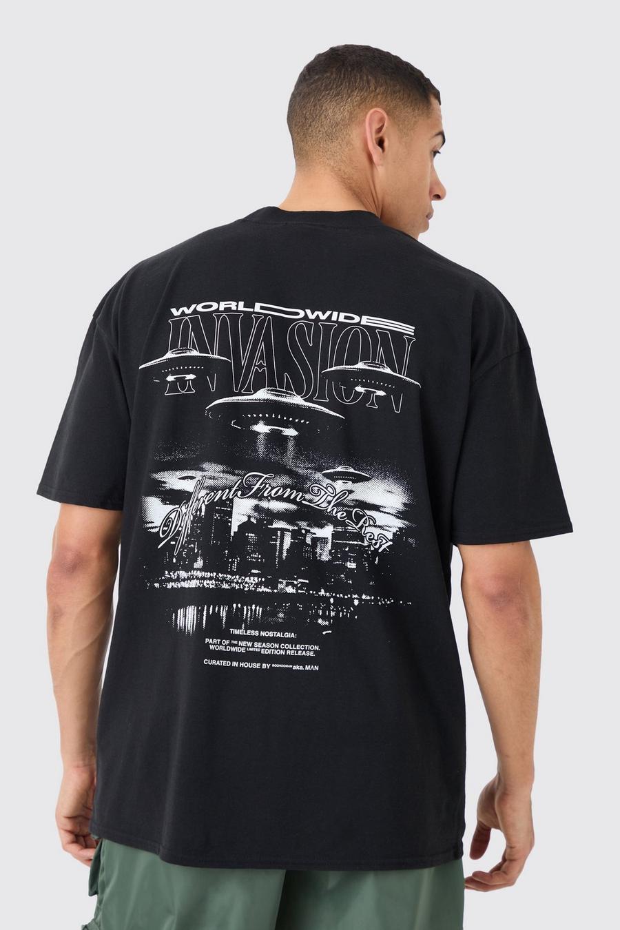 Black Oversized Back Print Worldwide Spaceship T-shirt image number 1