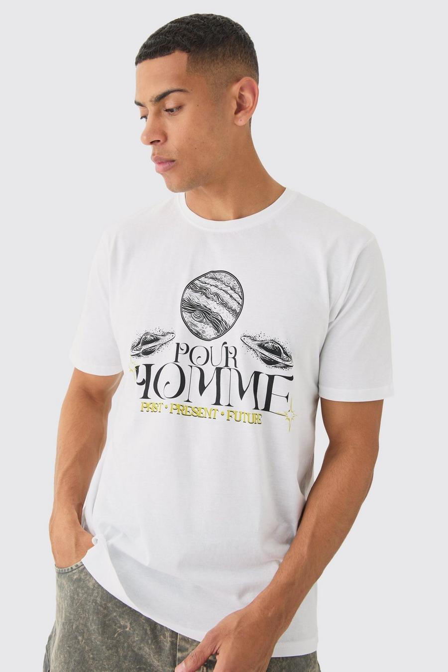 White Oversized Pour Homme Planet Print T-shirt image number 1