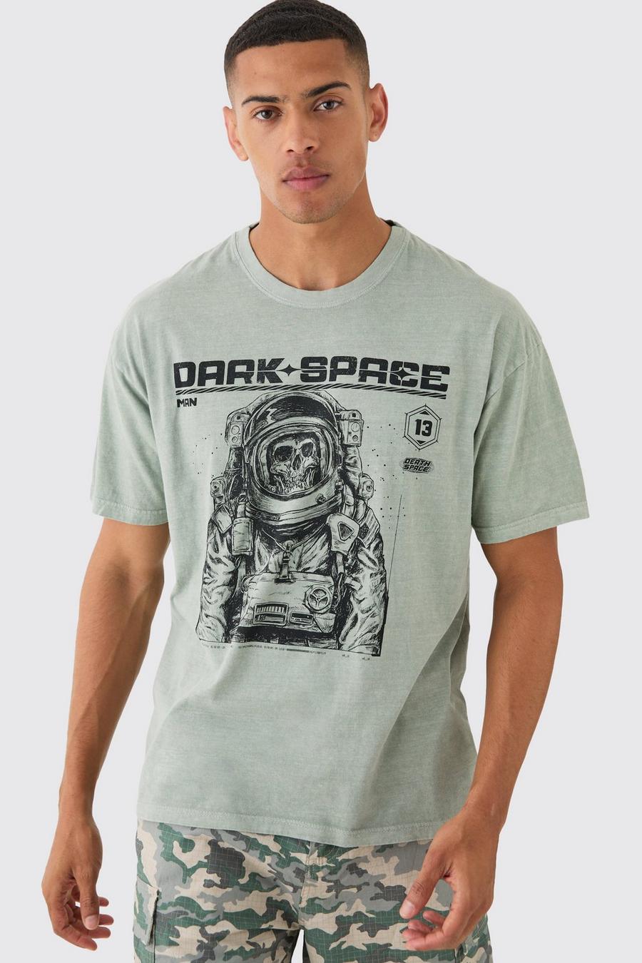 T-shirt oversize slavata con scheletro e astronauta, Khaki image number 1