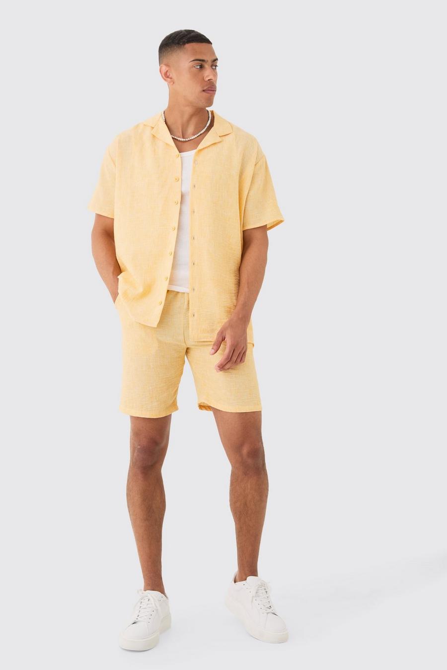 Pantalón corto y camisa oversize efecto lino, Yellow