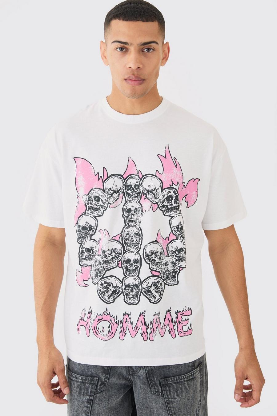 White Oversized Skull Homme Print T-shirt image number 1