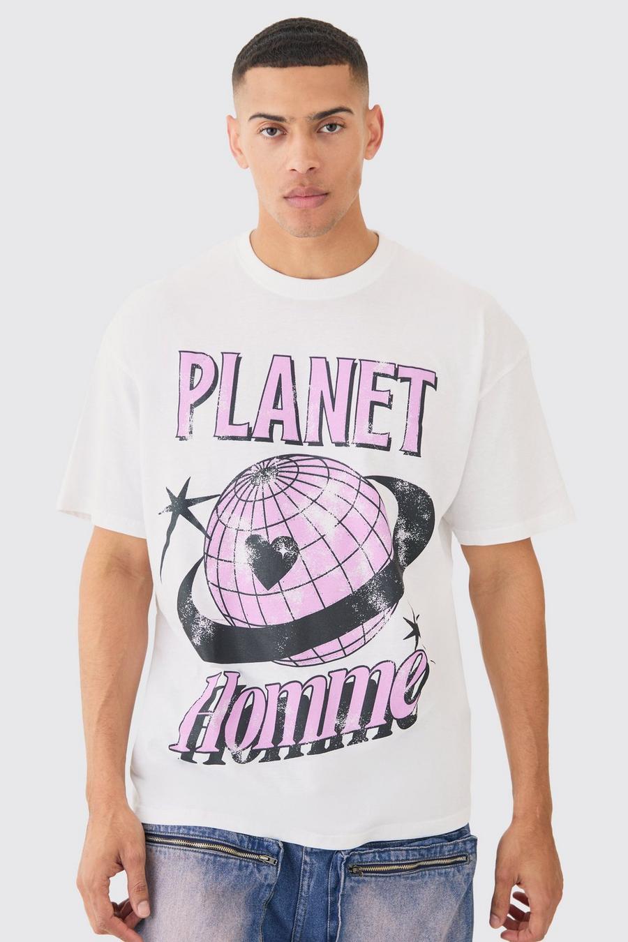 White Oversized Planet Homme Print T-shirt image number 1