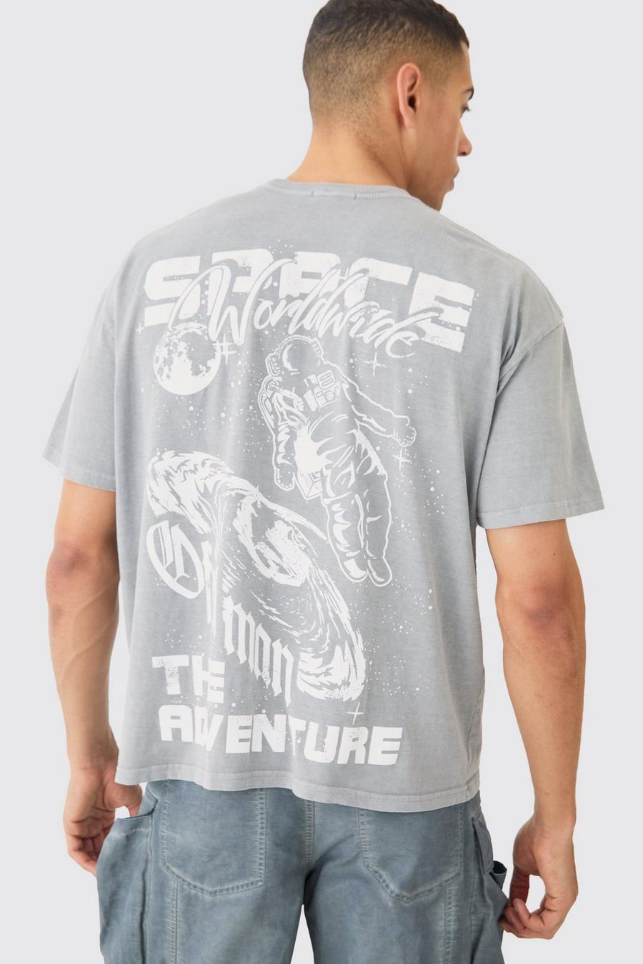 Camiseta oversize con estampado gráfico espacial desteñido, Grey