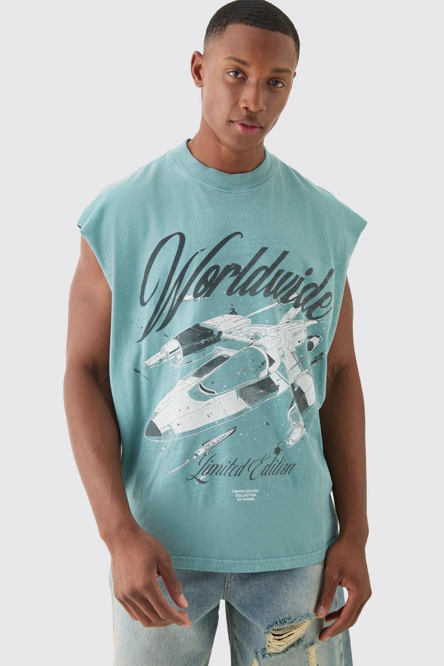 Green Oversized Washed Spaceship Graphic Tank image number 1