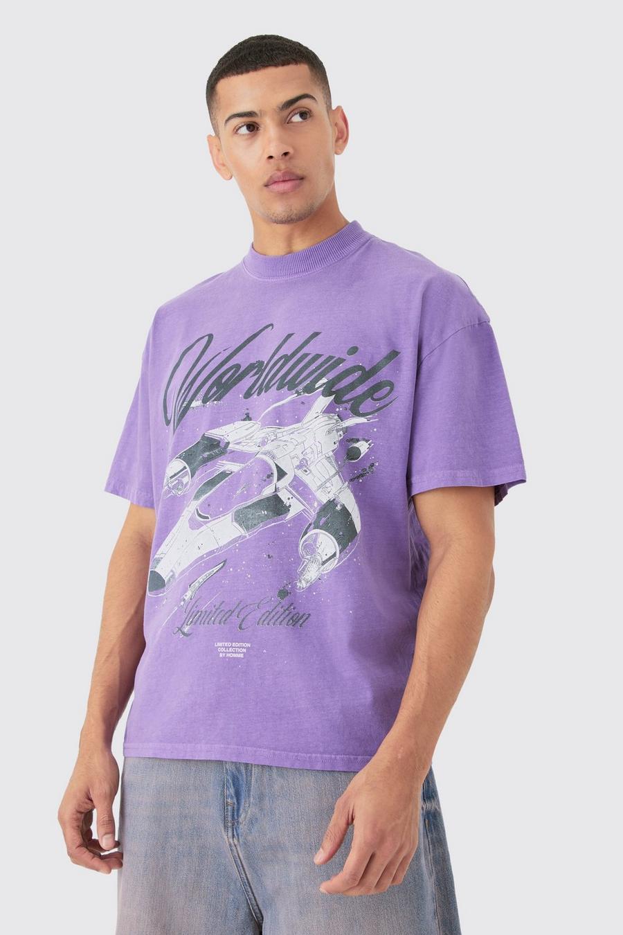 Purple Oversized Washed Spaceship Print T-shirt