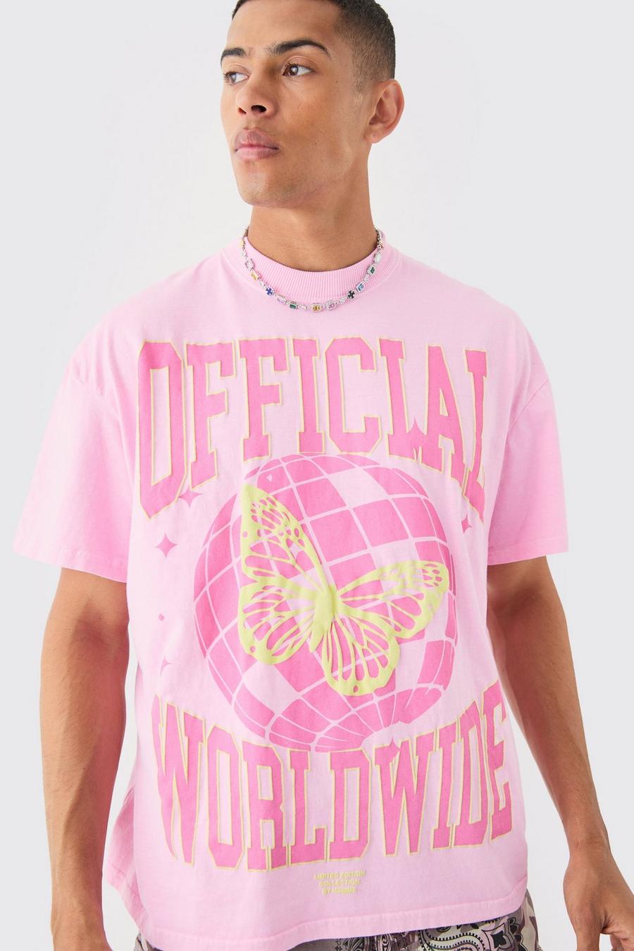 Pink Oversized Extended Neck Puff Print Disco Ball Wash T-shirt