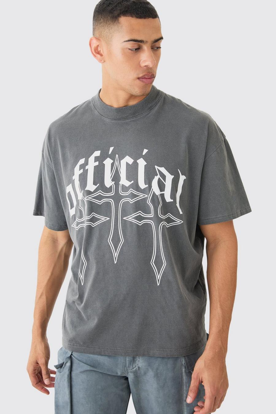 Camiseta oversize Official desteñida con estampado de cruz, Grey