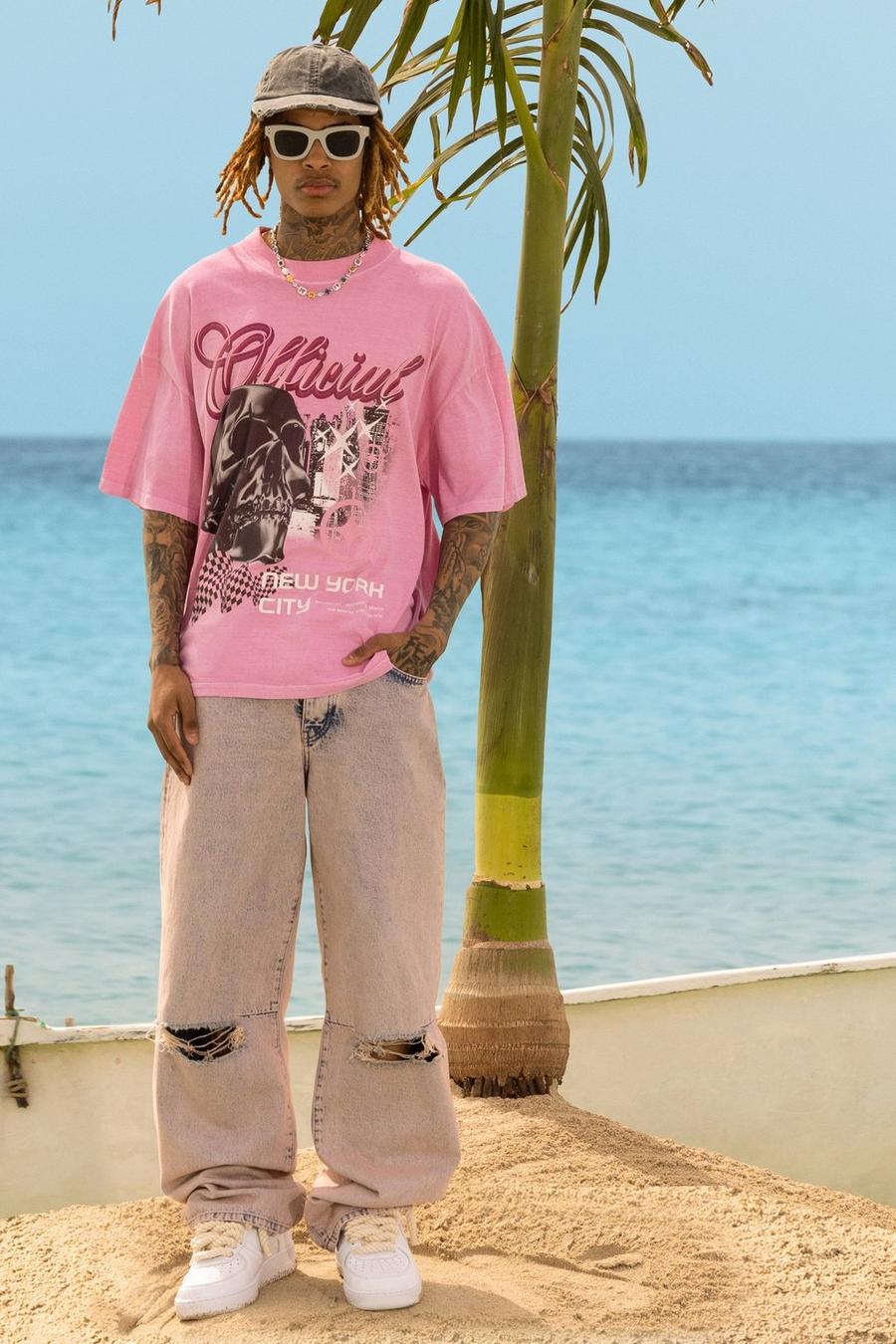 Camiseta oversize Official con estampado gráfico de calavera, Pink