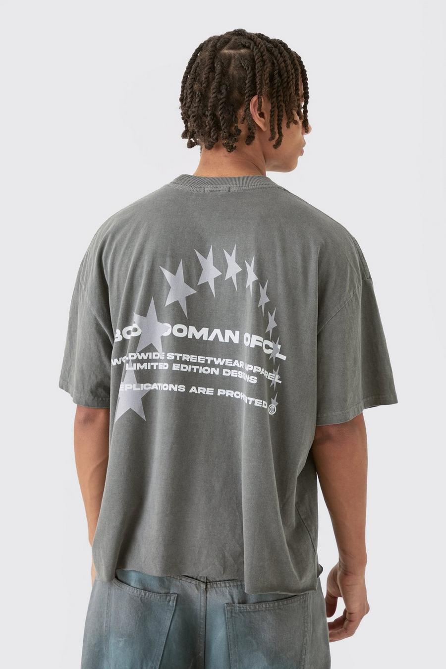 Camiseta oversize recta con lavado a la piedra y bajo sin acabar con estampado de estrellas, Charcoal image number 1