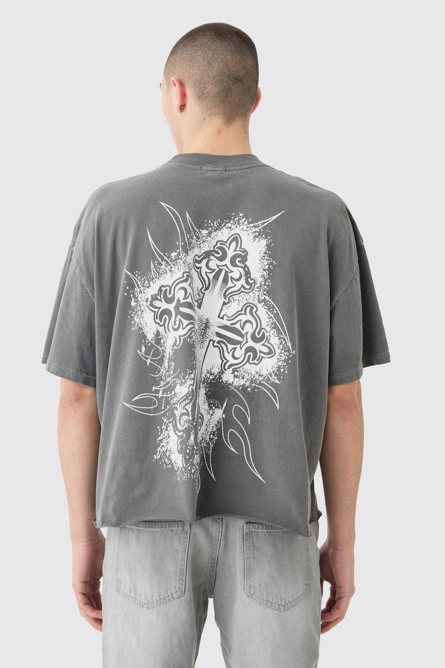 T-shirt squadrata oversize slavata con stampa incrociata e fondo grezzo, Charcoal image number 1