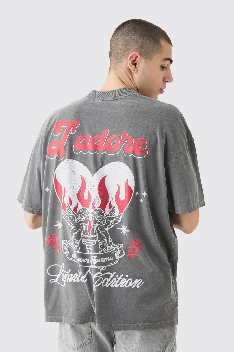 T-shirt oversize délavé à imprimé cœur, Charcoal image number 1