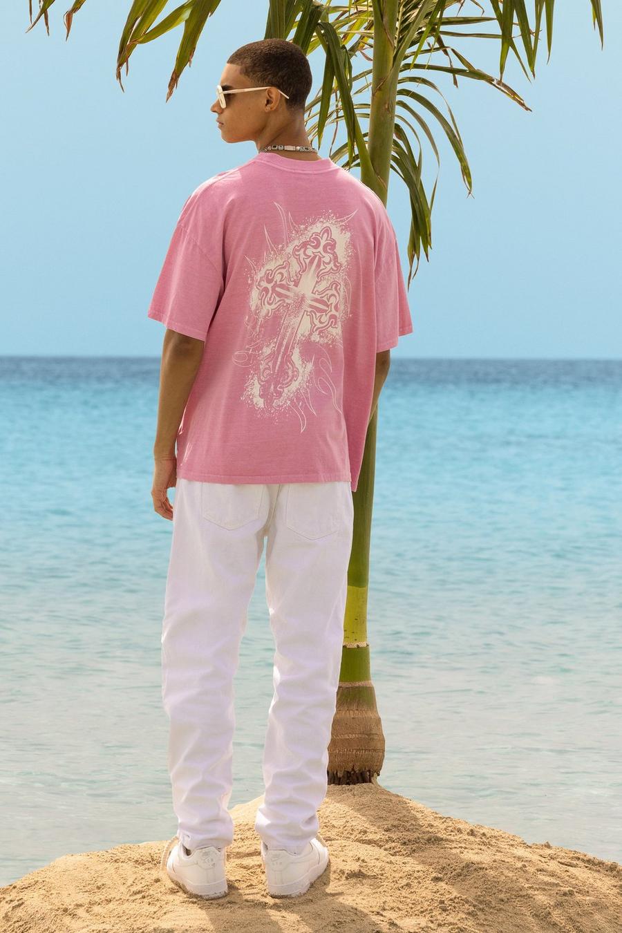 Camiseta oversize desteñida con estampado de cruz, Pink image number 1