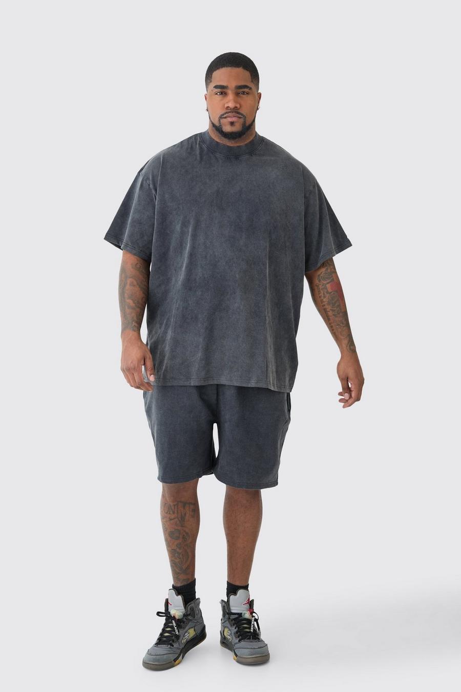 Set Plus Size T-shirt oversize in lavaggio acido & pantaloncini, Acid wash black