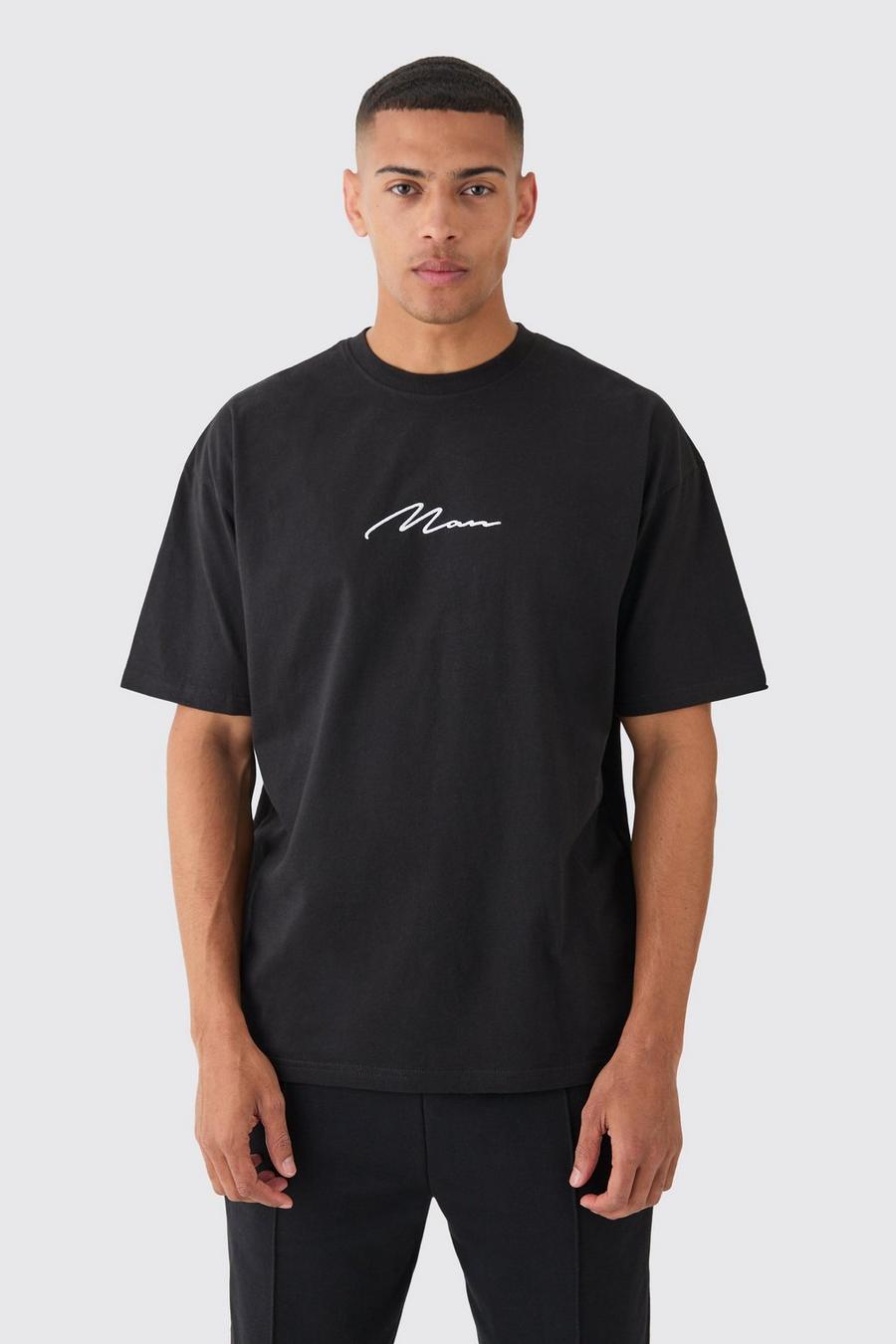 Man Signature Embroidered T-shirt, Black image number 1