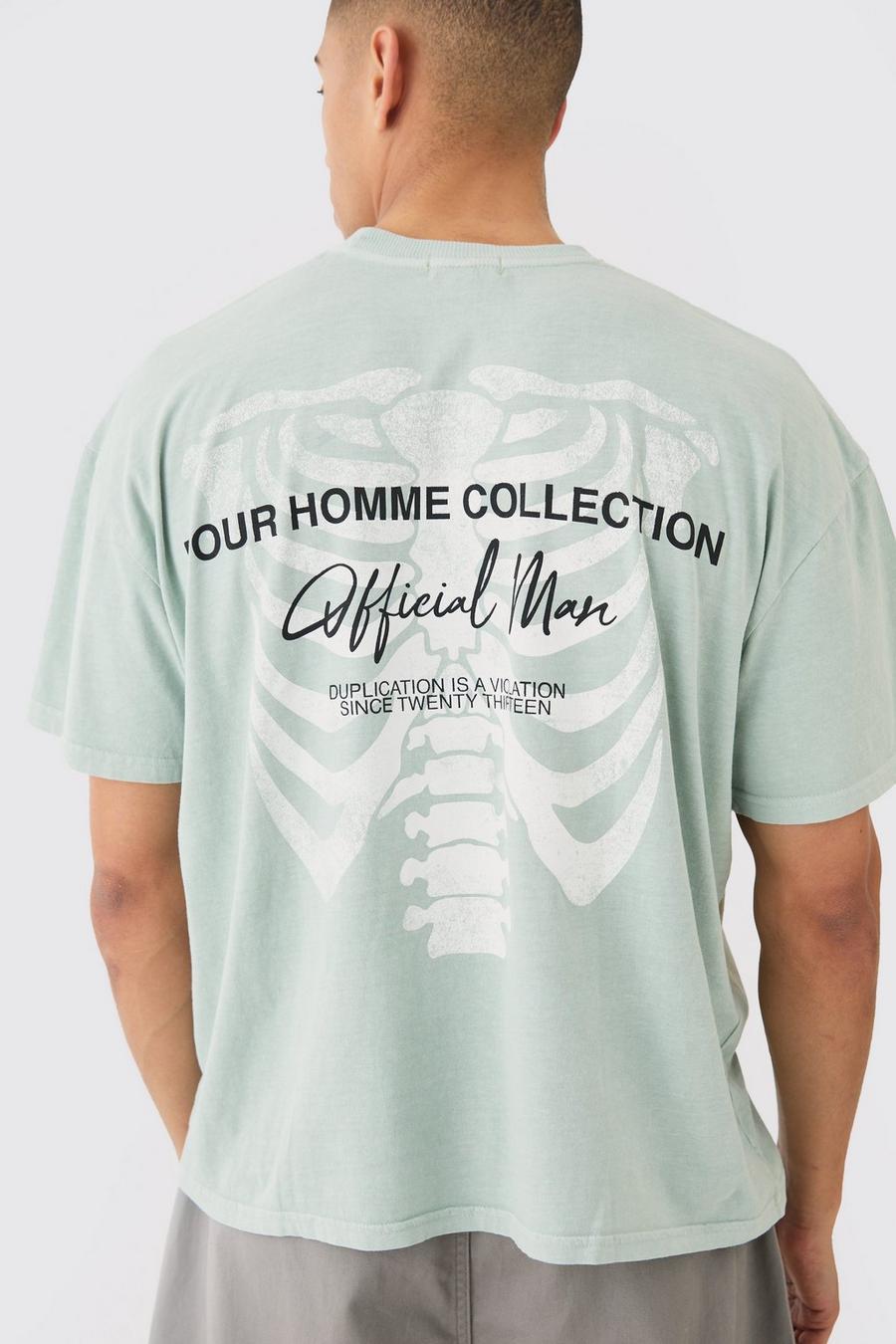 Camiseta oversize desteñida con estampado de esqueleto en la espalda, Light khaki