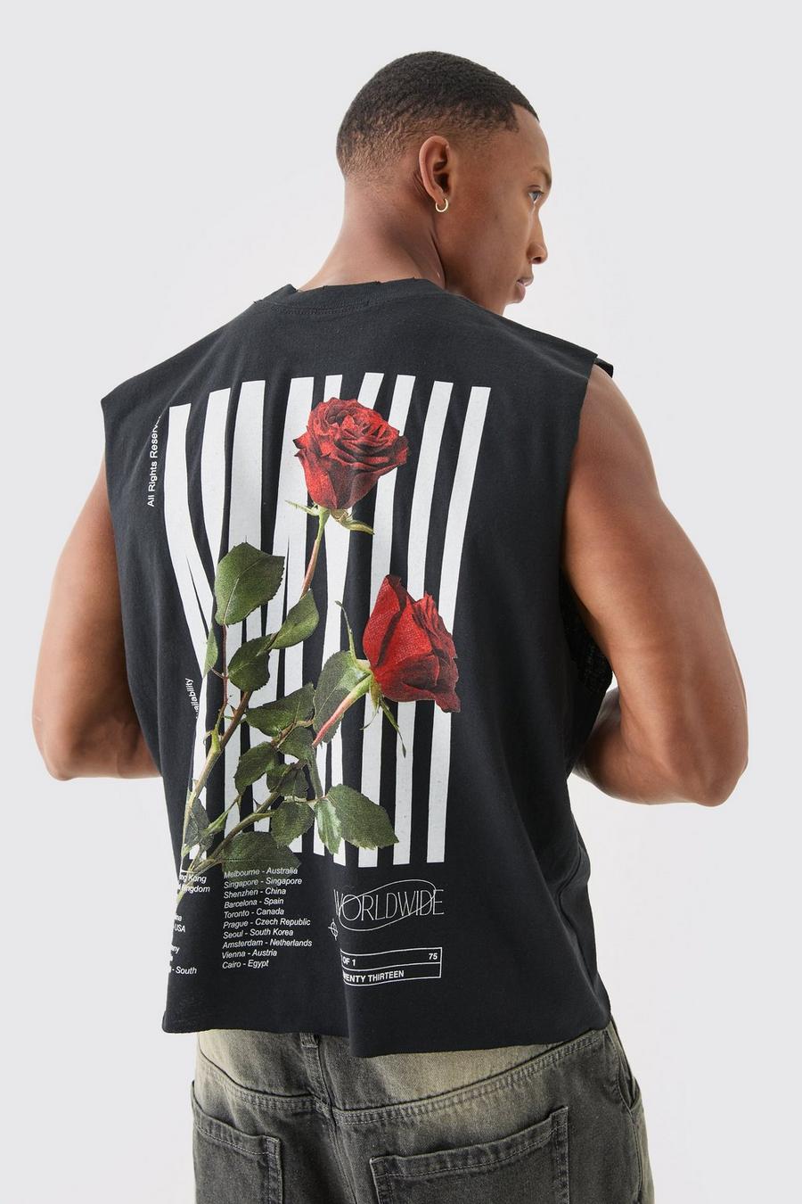Canotta squadrata oversize Homme effetto smagliato con rose, Black image number 1
