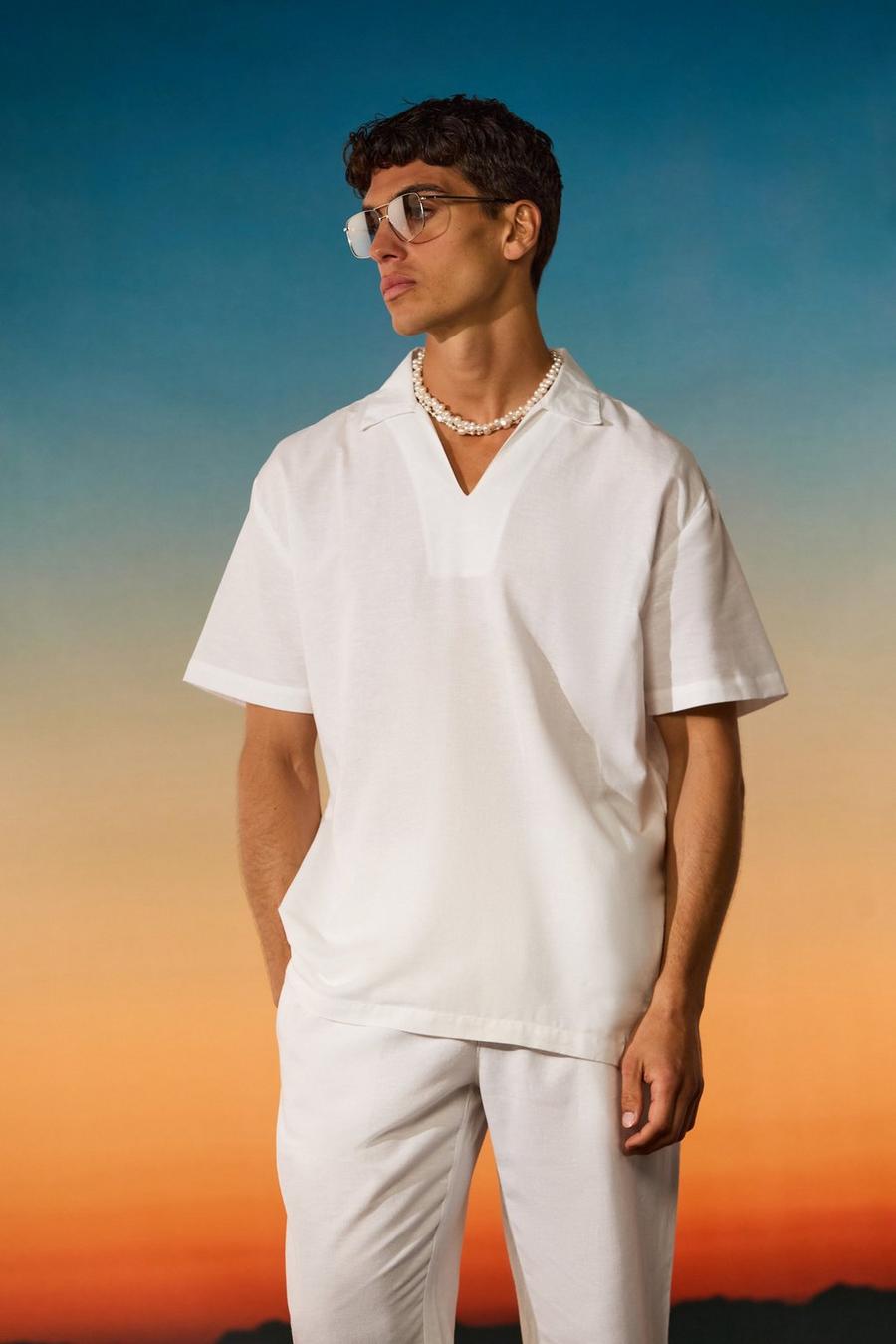 White Oversize linneskjorta med låg urringning