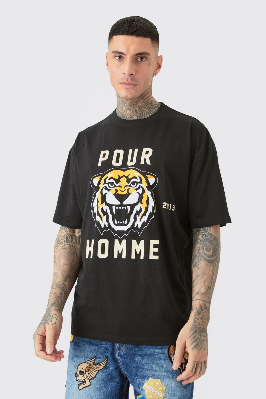 Camiseta Tall oversize con estampado gráfico Pour Homme de tigre, Black image number 1