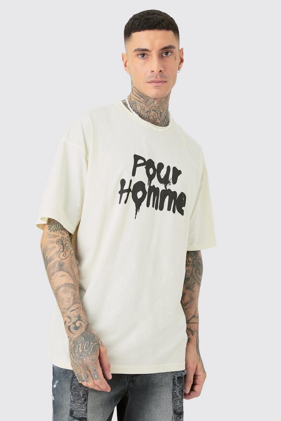 Camiseta Tall oversize con estampado Pour Homme y estampado grafiti, Ecru