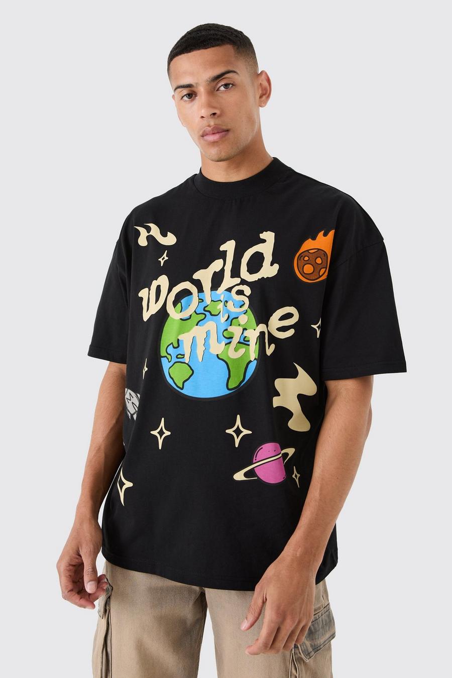Camiseta oversize con cuello extendido y estampado gráfico espacial, Black image number 1