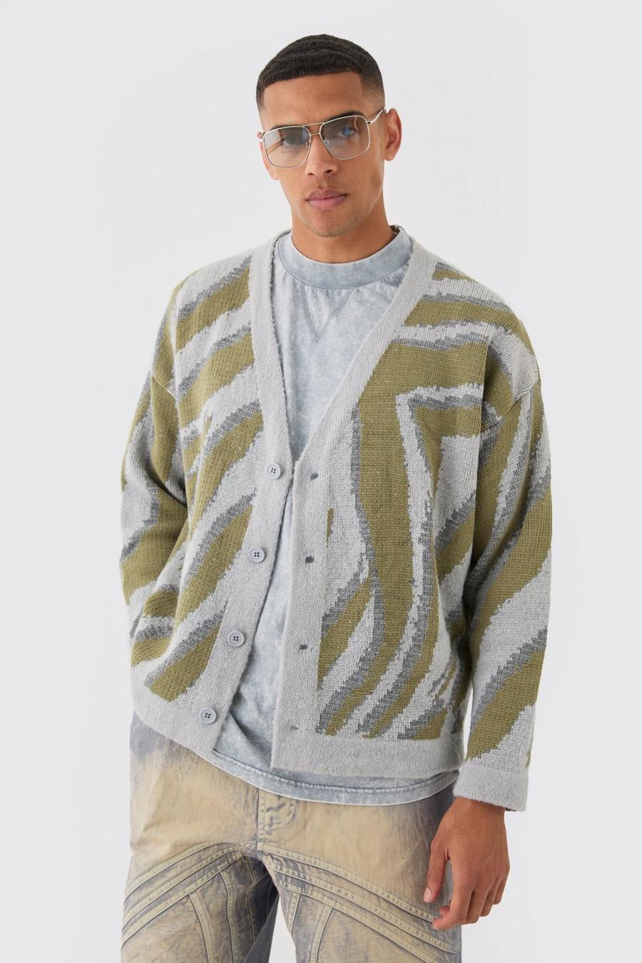 Light grey Boxy Oversized Brushed Abstract All Over Cardigan image number 1