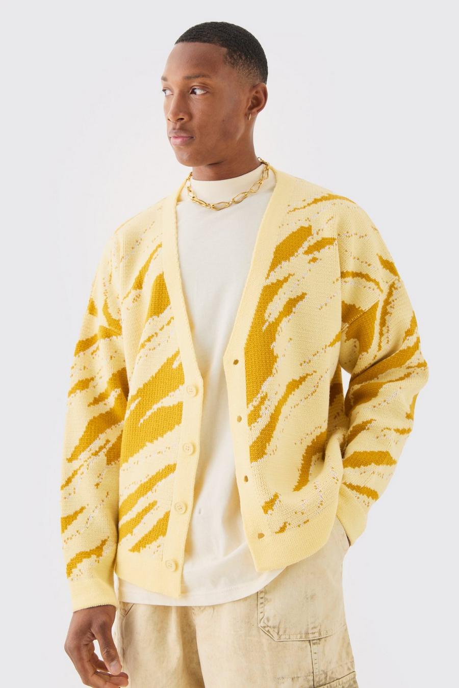 Cardigan squadrato oversize in jacquard con stampa astratta tono su tono, Yellow