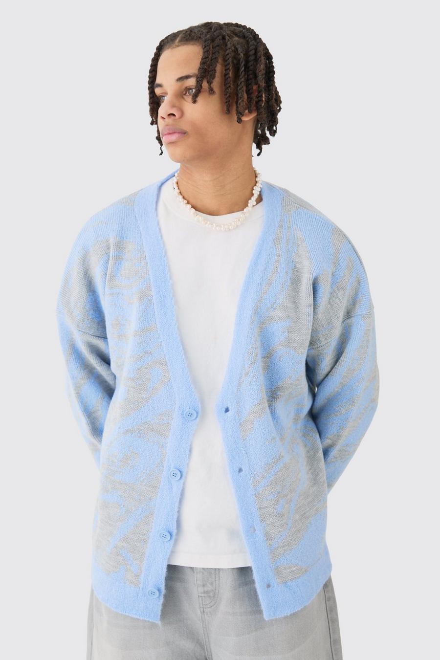 Blue Boxy Oversized Brushed Abstract All Over Cardigan  image number 1