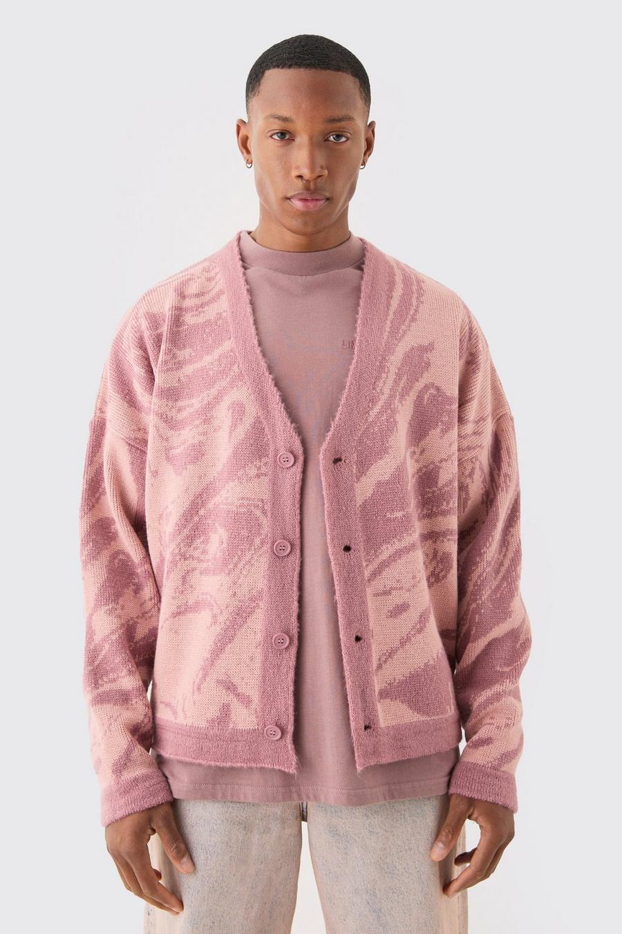 Dusty pink Oversized Geborstelde Abstracte Boxy Jacquard Cardigan